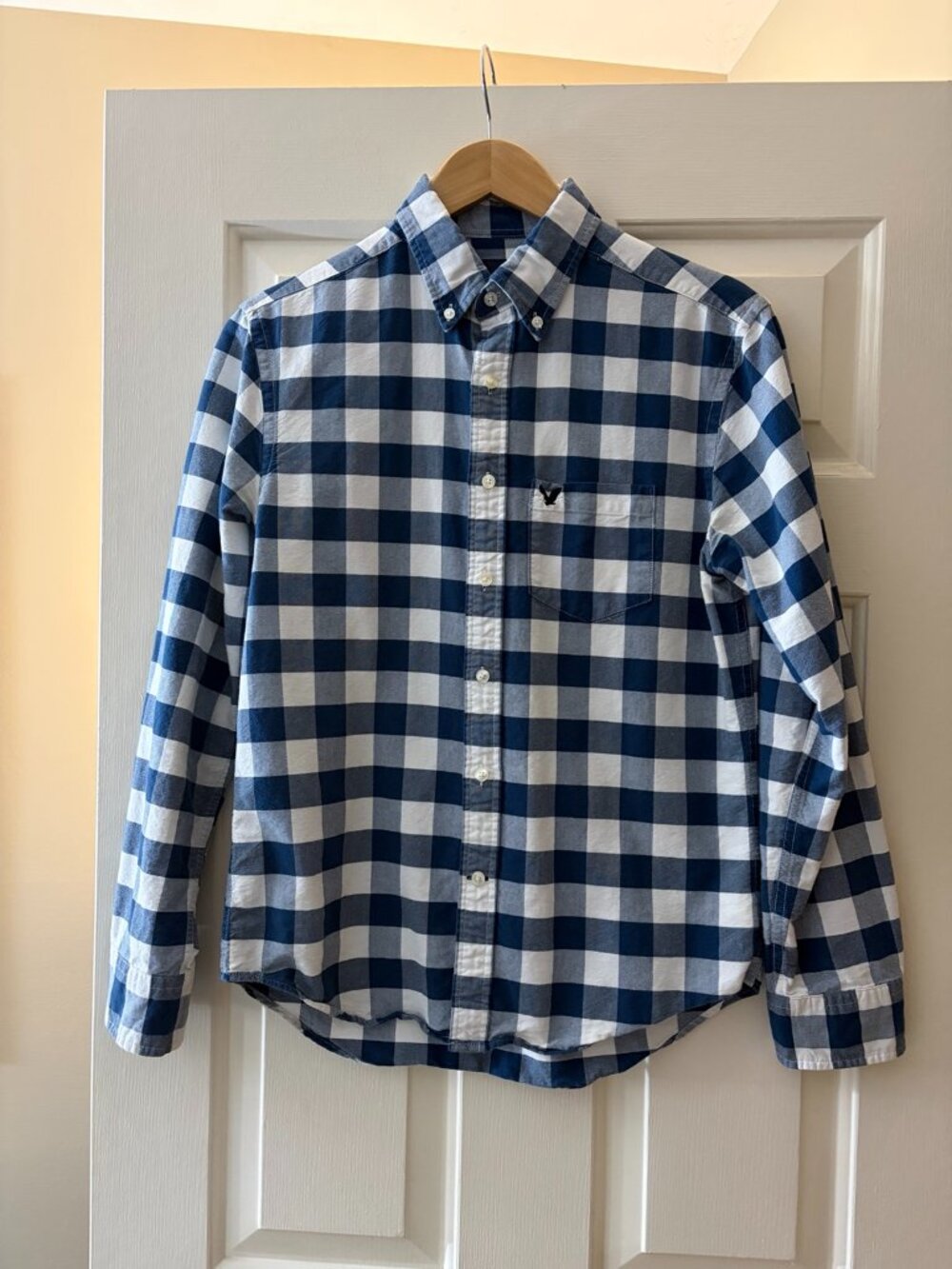 American Eagle Men’s Small Blue White Buffalo Plaid Button Down Shirt